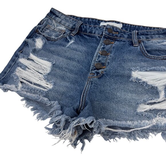 HIDDEN Women Distressed Blue Denim High-Waisted Shorts XL Frayed Hem Button Fly - Picture 12 of 13